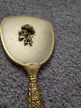 Mid Century Ultra 24KT Gold Ormolu  Handheld Mirror, Vanity Rose MCM